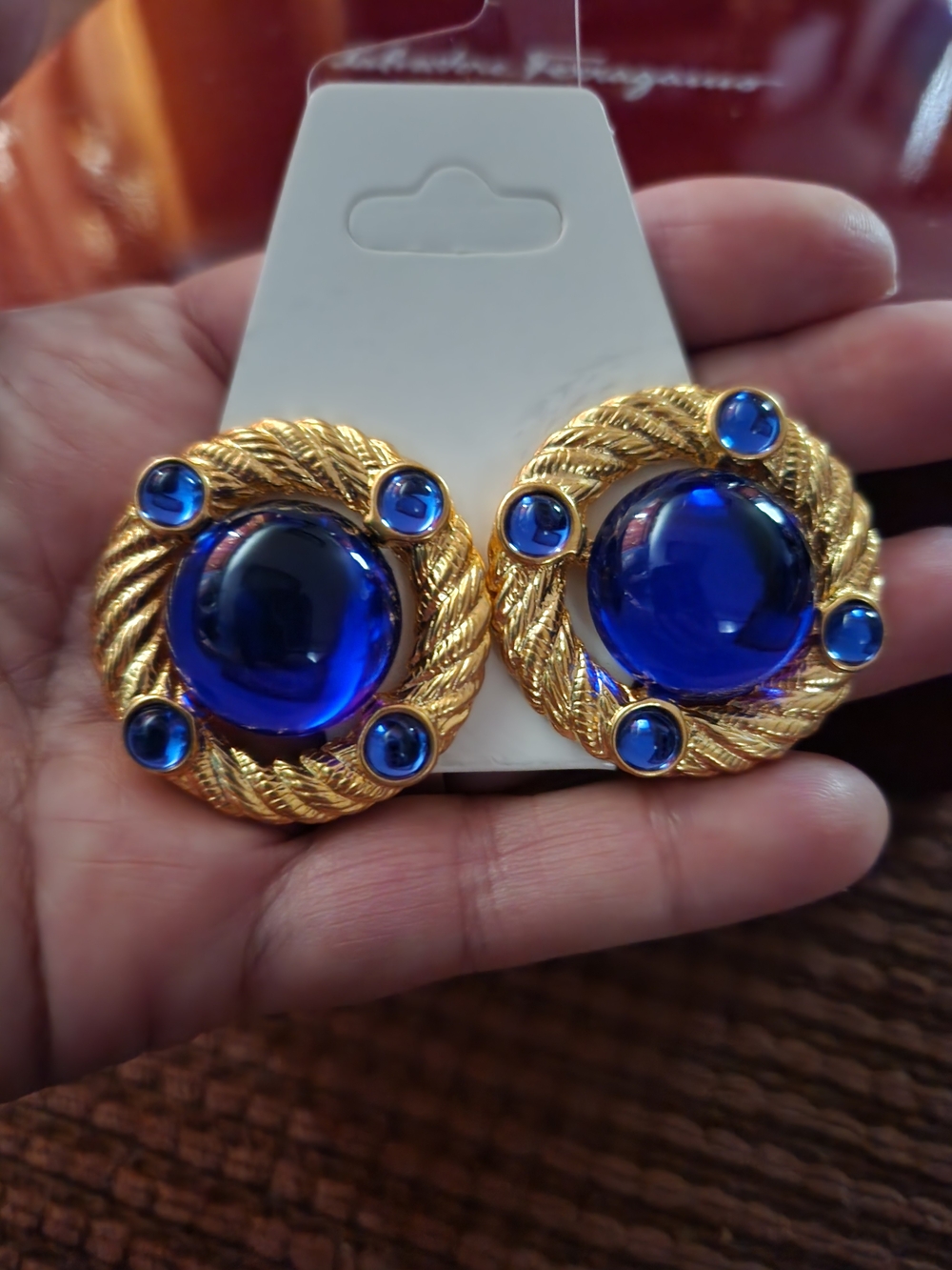 Gold-Tone Blue Cabochon Statement Earrings